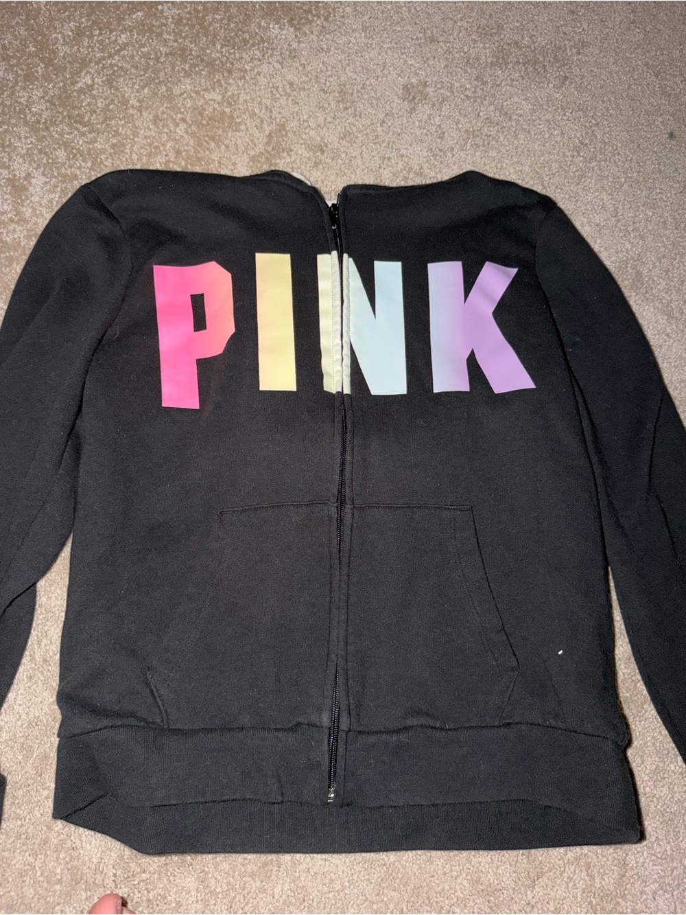 PINK Victoria's Secret Black Zip-Up Jacket with Rainbow Gradient Logo